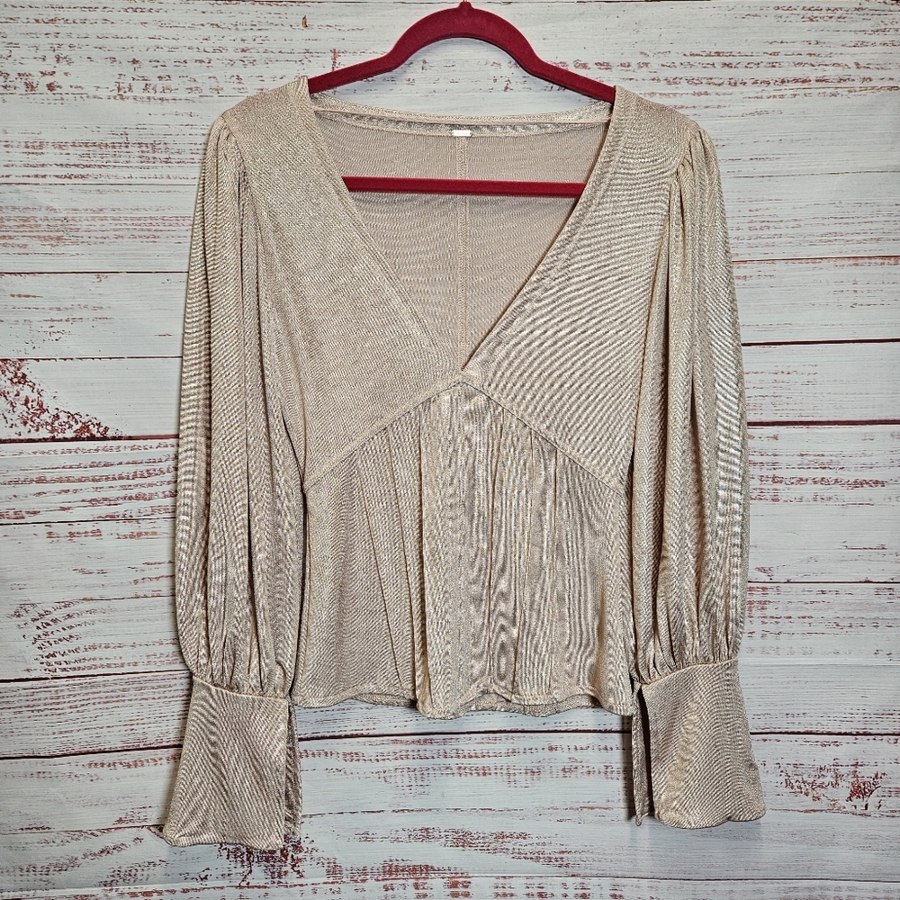 Free People Champagne Metallic V-Neck Pleated Blouse
